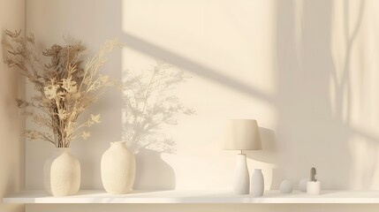 Classic white beige interior design shelves, dry plants and large lamp