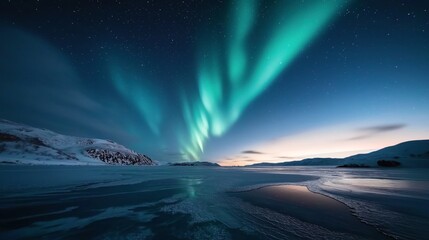 Fototapeta premium Aurora Borealis illuminating the night sky over a snow-covered arctic landscape with a partially frozen body of water reflecting the lights and surrounding mountains.
