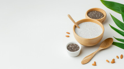 Fototapeta premium Chia seed pudding in wooden bowl with chia seeds and almonds on white background. fresh and healthy ingredients create calming and inviting atmosphere.