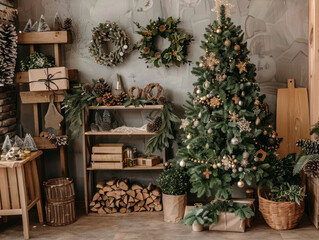 An eco-friendly Christmas setup with a wooden tree, recycled ornaments, and natural wreaths, highlighting sustainable holiday alternatives