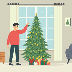 Boy decorating a christmas tree. Cozy home holiday. Flat vector illustration, for card, posters, web.