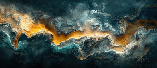 Abstract cloudscape with a golden stream flowing through dark and stormy clouds.