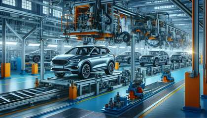Fototapeta premium depicts a modern manufacturing line in a factory, featuring a silver SUV being assembled using machinery, robots, metal beams, and conveyors.