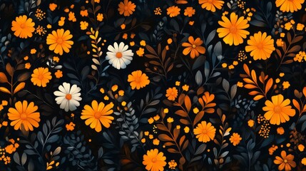 A Vibrant Floral Pattern of Orange and White Flowers on a Dark Background