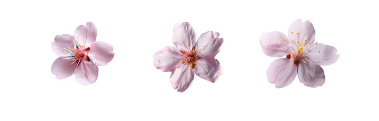 Naklejka premium Three pink flowers with yellow centers are arranged in a row on a blue background.