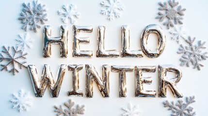 Festive Greetings with Hello Winter Balloon Letters Surrounded by Snowflakes