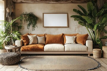 Cozy living room with plants and a comfortable sofa.