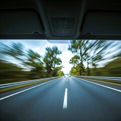 Obraz premium Blurred view of highway traffic from the front of a car as it speeds on a paved road.