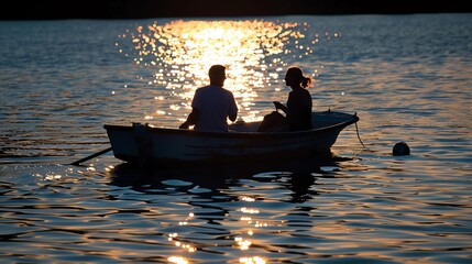 Couple in rowboat during sunset on lake