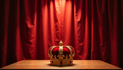 Royal golden crown on a wooden table with red velvet curtains in the background
