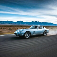 Fototapeta premium An antique vintage car drives on a highway in the desert, blurring the scenery.