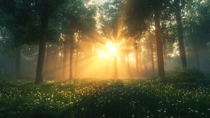 Obraz premium Sunbeams Pierce Through a Misty Forest Clearing