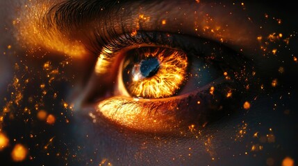 Two eyes glowing with holy light and fire peer into the deep cosmos at stars of many colors. Rule of thirds. Cinematic camera angle.