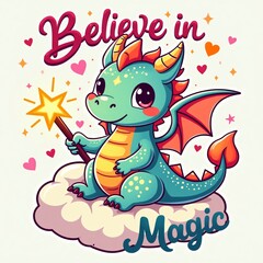 Obraz premium Kawaii Dragon Believe in Magic T-Shirt Design