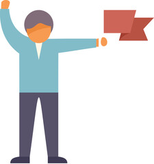 Businessman is raising his fist and holding a red flag, celebrating success and achievement