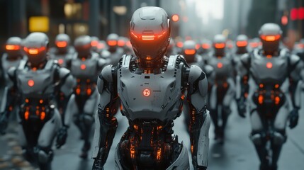 Row of futuristic humanoid robots in industrial warehouse, artificial intelligence, advanced robotics, manufacturing technology, sci-fi, cybernetic machines, robotic assembly line, high-tech industry