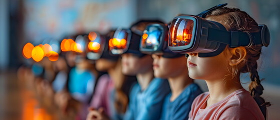 Obraz premium Virtual Reality Wonder: Two young girls, captivated by immersive virtual reality, experience a shared digital adventure. The image showcases the wonder and potential of VR technology for children. 