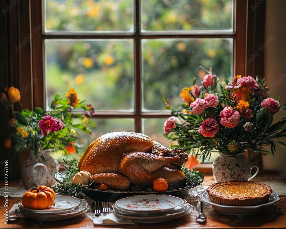 Wall mural Roasted turkey, pie, and flowers on a table in front of a window.