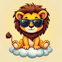 Cute Cartoon Lion Wearing Sunglasses On Cloud T-Shirt Design