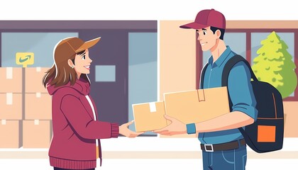 Illustration of a Delivery Person Handing Over a Package to a Customer, Emphasizing E-commerce and Logistics