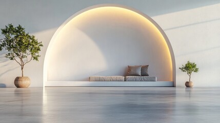 Obraz premium Minimalist Interior with Archway, Bench, and Plants