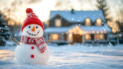 Fototapeta premium Snowman in winter clothes on modern private house background
