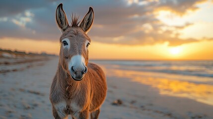 Cute donkey standing on a beach at sunrise, sandy shores and colorful sky, peaceful scene of nature...