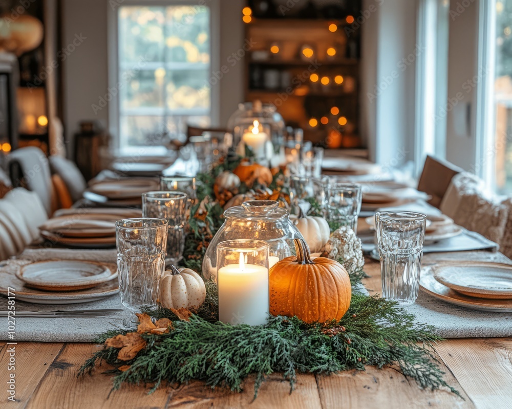 Poster Rustic autumn dining table setting with candles, pumpkins and greenery.