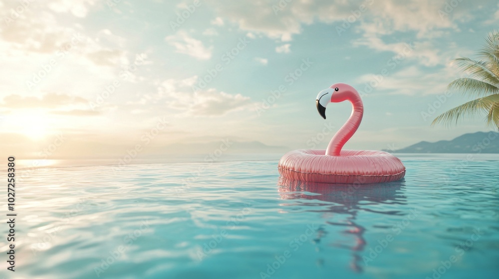 Poster a pink flamingo is floating in a pool of water