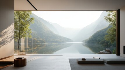 Minimalist living room with large window overlooking a lake and mountain scenery.