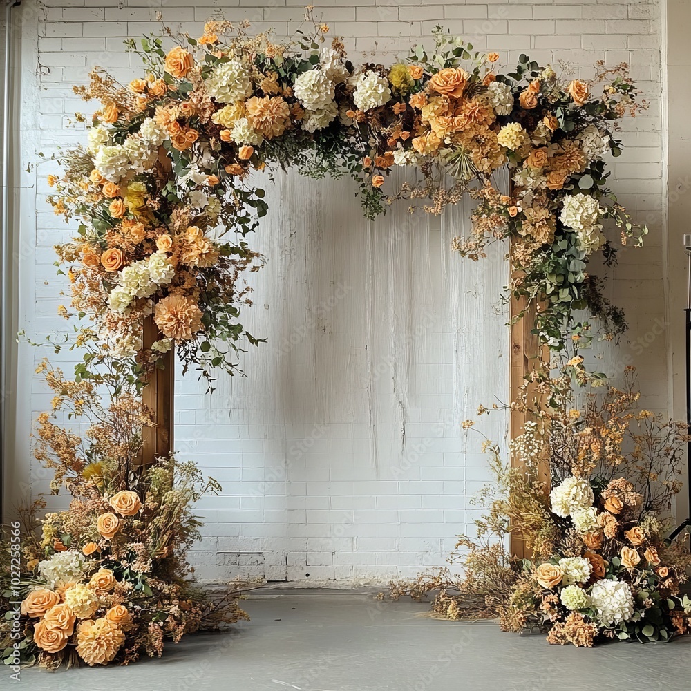 Poster Rustic wooden archway adorned with a lush arrangement of dried flowers in cream, peach, and yellow hues.