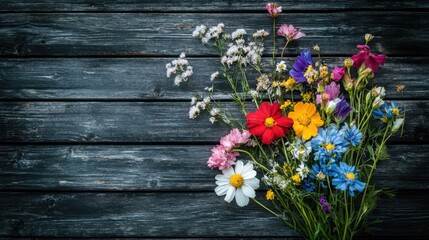 Colorful Wildflowers on Dark Wooden Background