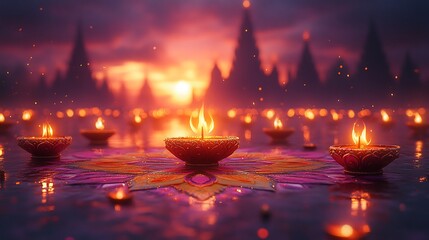 Minimalistic Diwali backdrop featuring vibrant rangoli design in warm oranges and yellows golden diyas at the corners and a gradient purple background fading into soft pink hues