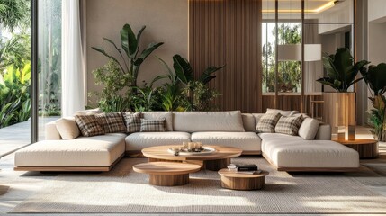 Contemporary open-concept living area featuring a modular sofa, furnishings, wooden coffee tables, plaid, cushions, tropical plants, and sophisticated personal items in chic home décor. living room.
