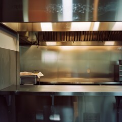 Sleek stainless steel kitchen with empty counters, industrial ambiance, and reflections creating a bright, clean atmosphere. Ready for culinary creativity.