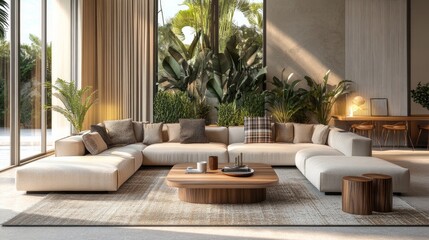 Contemporary open-concept living area featuring a modular sofa, furnishings, wooden coffee tables, plaid, cushions, tropical plants, and sophisticated personal items in chic home décor. living room.