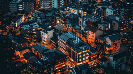 Obraz premium A cityscape view from above with buildings covered in glowing Christmas lights, forming a festive urban landscape