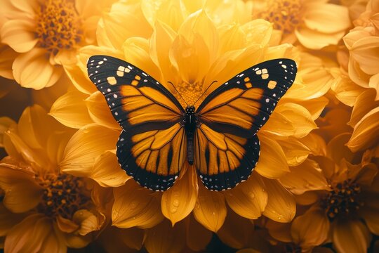 A monarch butterfly rests on a vibrant yellow flower.