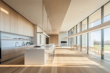 Fototapeta premium Modern kitchen with large windows and wooden floors