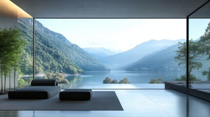 Fototapeta premium Modern living room with large window overlooking mountain lake.
