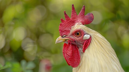 Profile view of a white roosters head a male hen with a red comb looking to the side