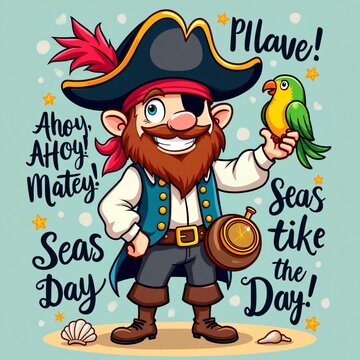 Cute Pirate Character Design with Parrot and Compass