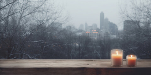 Winter, wooden table with window view of a city. Burning candles on the table.