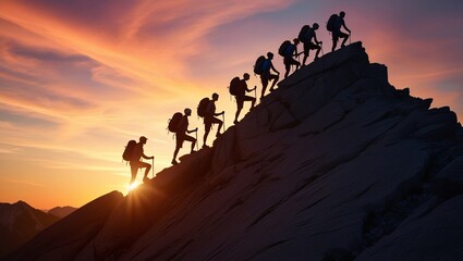 diverse group scaling a majestic mountain peak at sunset silhouettes against a vibrant sky, nature, sunset, mountain, landscape, sky, silhouette
