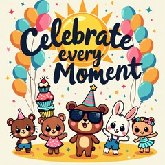 Kawaii Sun & Friends Celebrate Every Moment T-Shirt Design