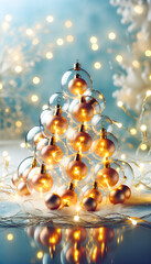 Fototapeta premium a Christmas tree made of many transparent glass balls, neon golden lights inside the balls