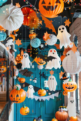 A colorful and kid-friendly Halloween decoration with cartoonish pumpkins, witches, and playful ghosts hanging from the ceiling.