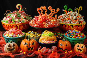 Fototapeta premium A colorful display of Halloween candies, with caramel apples, gummy worms, and candy corn piled high in spooky bowls.