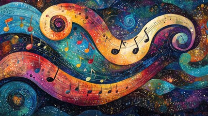 Colorful abstract illustration with musical notes and a starry night sky.
