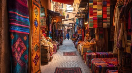 Obraz premium Narrow alleyway in a bustling Moroccan market lined with colorful fabrics, spices, and traditional goods.